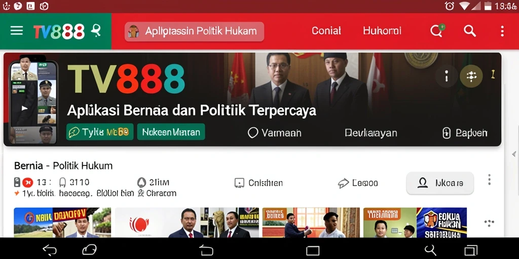 Antarmuka aplikasi TV888 menampilkan berita politik dan hukum terkini.